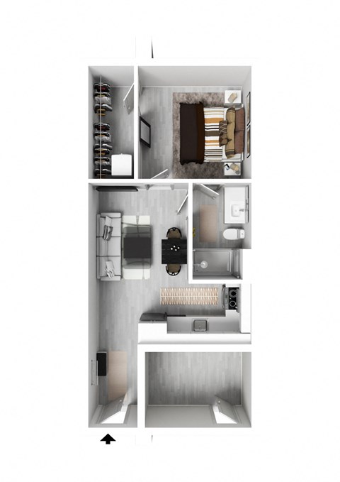 a floor plan of a house with a desk and a chair